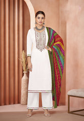 Ambarlyn Rayon Embroidered Salwar Kameez Suit with Bandhani Printed Dupatta | Palazzo Pants